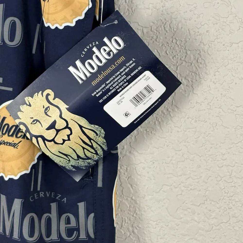 NWT Modelo Men's Board Shorts Swim Trunks Cerveza Beer Navy Blue Gold Size 2XL